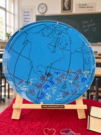 Kişiye Özel Dünya Haritalı Full Pleksi Yuvarlak Öğretmenler Günü Anı Kutusu (50cm)