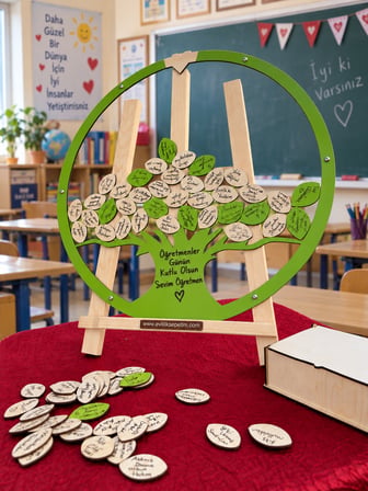 Kişiye Özel Yeşil Hayat Ağacı Pleksi Yuvarlak Öğretmenler Günü Anı Kutusu (50cm)