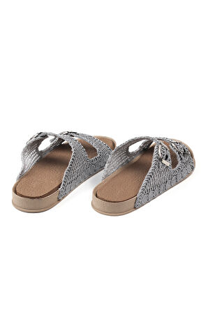 Kadın Gri Hasır Terlik Örgü Dantel Nakış İşlemeli Triko Yazlık Tatil Ev Günlük Terlik