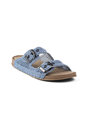 Kadın Mavi Hasır Terlik Örgü Dantel Nakış İşlemeli Triko Yazlık Tatil Ev Günlük Terlik