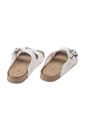 Kadın Beyaz Hasır Terlik Örgü Dantel Nakış İşlemeli Triko Yazlık Tatil Ev Günlük Terlik