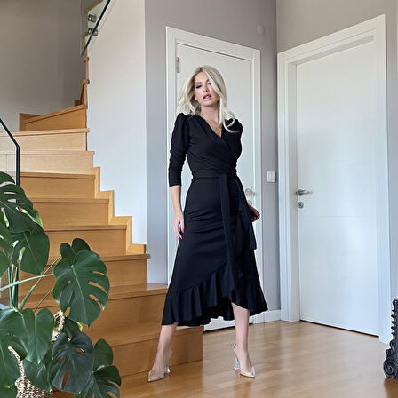 Evyora Krep Kumaş Midi Boy Kuşaklı Uzunkol Elbise 113 Cm