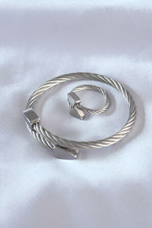 Evyora Çelik Gümüş Renk Burgu Model Erkek Bileklik Yüzük Seti