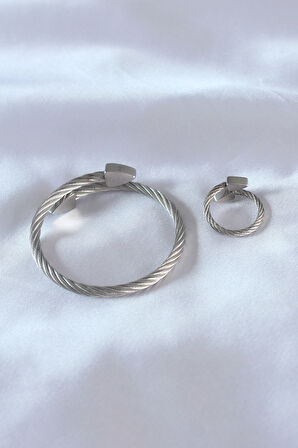 Evyora Çelik Gümüş Renk Burgu Model Erkek Bileklik Yüzük Seti