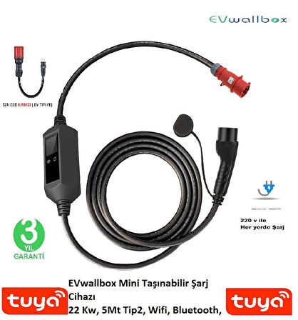 EVwallbox 22 Kw Taşınabilir 5mt Tip2 Kablo+Wifi+Bluetooth+Mobil Uygulama