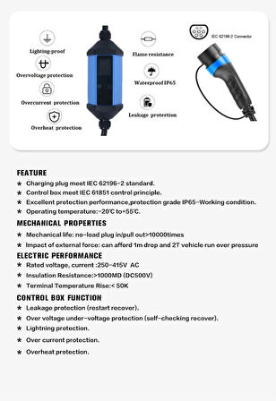 EVwallbox 22 Kw Taşınabilir 5mt Tip2 Kablo+Wifi+Bluetooth+Mobil Uygulama