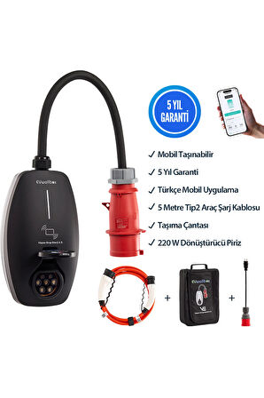 22KW V3 Türkçe Mobil Uygulama 5 Yıl Garanti, (Tekli Pano, 5 mt Tip2 Araç Şarj Kablosu, Çanta