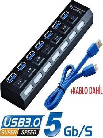 Gabble GB-701A 7 Port USB 3.0 Hub Anahtarlı Siyah