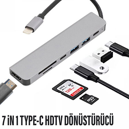  7in1 Type-C HDMI Çevirici Hub Çoklayıcı Tablet-PC-Telefon-TV Adaptör HDMI 4K/USB/TF/SD/TYPEC Giriş