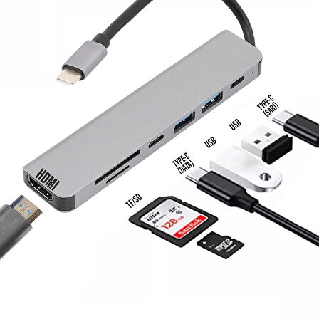  7in1 Type-C HDMI Çevirici Hub Çoklayıcı Tablet-PC-Telefon-TV Adaptör HDMI 4K/USB/TF/SD/TYPEC Giriş