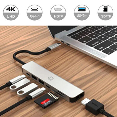 7in1 Type-C HDMI Çevirici Hub Çoklayıcı Tablet-PC-Telefon-TV Adaptör HDMI 4K/USB/TF/SD/TYPEC Giriş