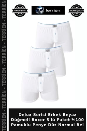 Delux Serisi Erkek Beyaz Düğmeli Boxer 3'lü Paket %100 Pamuklu Penye Düz Normal Bel