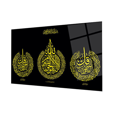 Felak Suresi, Nas Suresi ve Ayetel Kürsi 4mm Dayanıklı Cam Tablo Temperli Cam, Islamic Glass Wall Decor