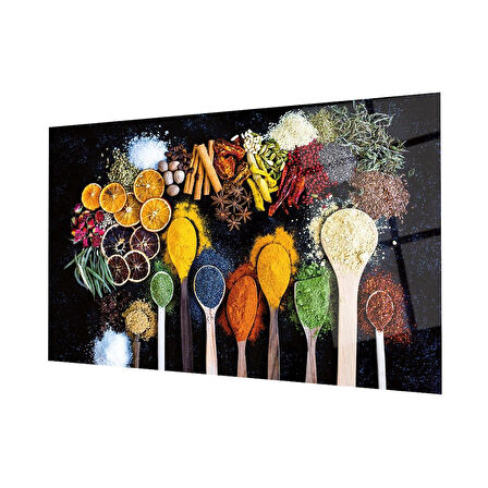 Kaşıklarda Baharatlar Cam Tablo 4mm Dayanıklı Temperli Cam, Fruits on Spoon Glass Wall Decor