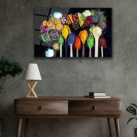 Kaşıklarda Baharatlar Cam Tablo 4mm Dayanıklı Temperli Cam, Fruits on Spoon Glass Wall Decor