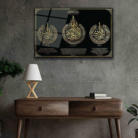 Felak Suresi, Nas Suresi ve Ayetel Kürsi 4mm Dayanıklı Cam Tablo Temperli Cam, Islamic Glass Wall Decor