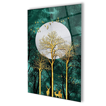 Soyut Altın Geyik Ağacı Hafız Cam Tablo 4mm Dayanıklı Temperli Cam