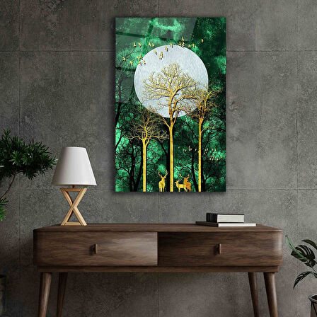 Soyut Altın Geyik Ağacı Hafız Cam Tablo 4mm Dayanıklı Temperli Cam