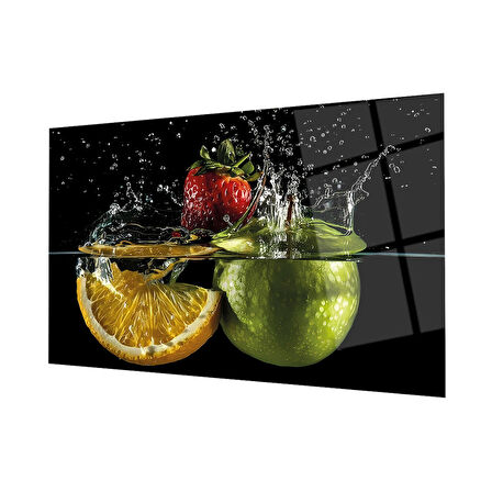 Meyvelerin Dansı Mutfak Cam Tablo 4mm Dayanıklı Temperli Cam, Fruits on Spoon Glass Wall Decor