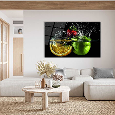 Meyvelerin Dansı Mutfak Cam Tablo 4mm Dayanıklı Temperli Cam, Fruits on Spoon Glass Wall Decor