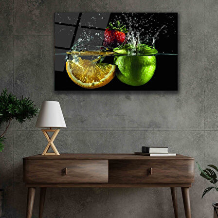 Meyvelerin Dansı Mutfak Cam Tablo 4mm Dayanıklı Temperli Cam, Fruits on Spoon Glass Wall Decor