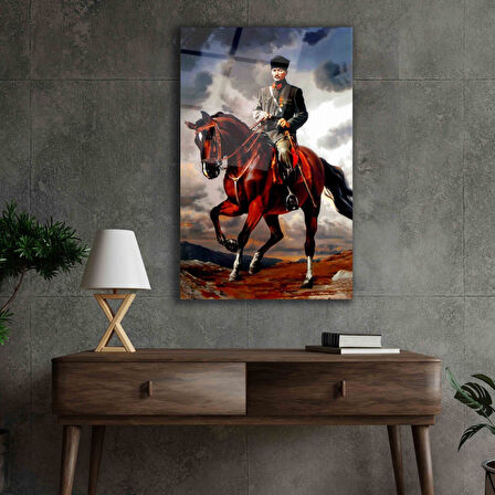 Atatürk At Üstünde Cam Tablo Hediyelik Büyük Tablo Ev Ofis Dekoru