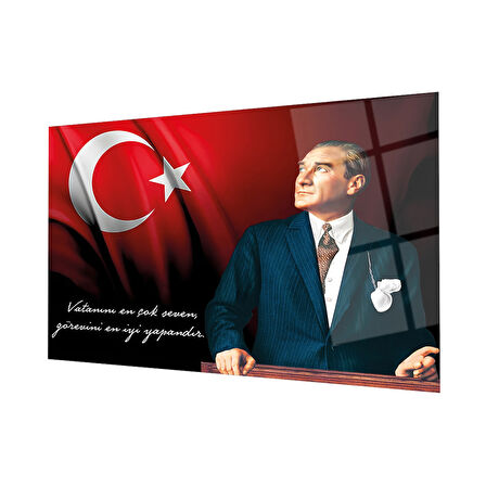 Atatürk Bayrak Atatürk Silüetli Gölgeli Cam Tablo 4mm Dayanıklı Temperli Cam Atatürk Flag Atatürk Silhouette Shadowless Black Background Glass Wall Art