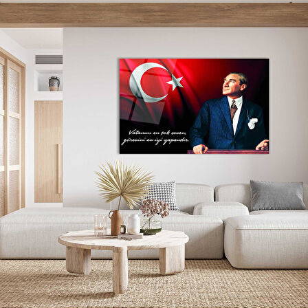 Atatürk Bayrak Atatürk Silüetli Gölgeli Cam Tablo 4mm Dayanıklı Temperli Cam Atatürk Flag Atatürk Silhouette Shadowless Black Background Glass Wall Art