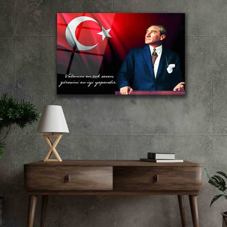 Atatürk Bayrak Atatürk Silüetli Gölgeli Cam Tablo 4mm Dayanıklı Temperli Cam Atatürk Flag Atatürk Silhouette Shadowless Black Background Glass Wall Art