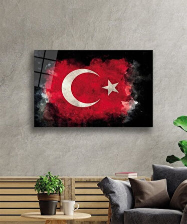 Siyah Fonlu Türk Bayrağı Ay Yıldız Cam Siyah Fon Black Background Turkish Flag Crescent and Star Glass Wall Art