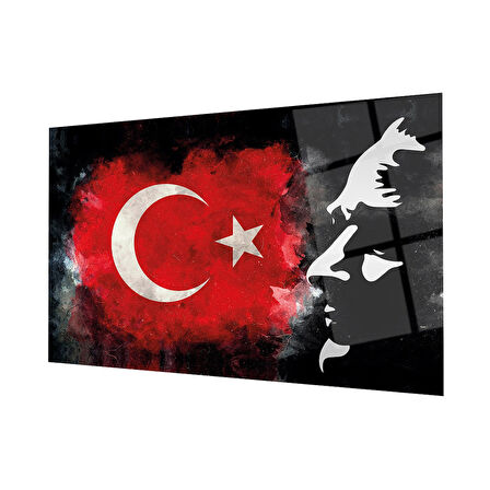 Atatürk Bayrak Atatürk Silüetli Gölgeli Siyah Fonlu Cam Tablo 4mm Dayanıklı Temperli Cam Atatürk Flag Atatürk Silhouette Shadowless Black Background Glass Wall Art