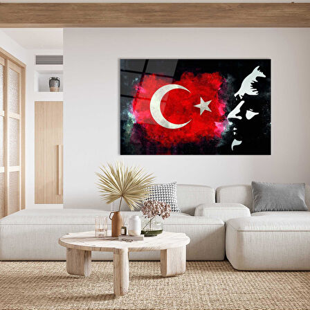 Atatürk Bayrak Atatürk Silüetli Gölgeli Siyah Fonlu Cam Tablo 4mm Dayanıklı Temperli Cam Atatürk Flag Atatürk Silhouette Shadowless Black Background Glass Wall Art