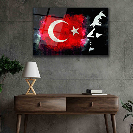 Atatürk Bayrak Atatürk Silüetli Gölgeli Siyah Fonlu Cam Tablo 4mm Dayanıklı Temperli Cam Atatürk Flag Atatürk Silhouette Shadowless Black Background Glass Wall Art