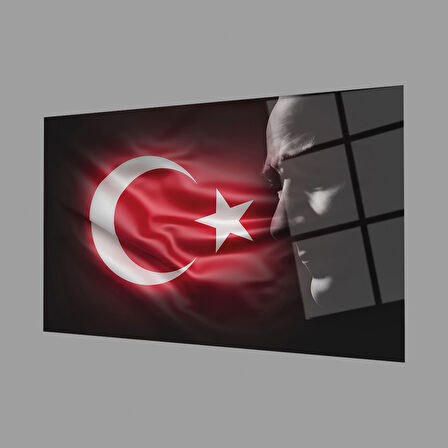 Atatürk Bayrak Atatürk Silüetli Gölgesiz Siyah Fonlu Cam Tablo 4mm Dayanıklı Temperli Cam Atatürk Flag Atatürk Silhouette Shadowless Black Background Glass Wall Art