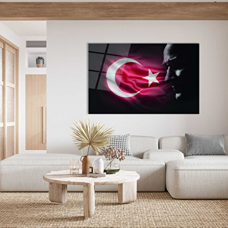 Atatürk Bayrak Atatürk Silüetli Gölgesiz Siyah Fonlu Cam Tablo 4mm Dayanıklı Temperli Cam Atatürk Flag Atatürk Silhouette Shadowless Black Background Glass Wall Art