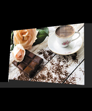 Kahve Çikolata Gül Mutfak Cam Tablo 4mm Dayanıklı Temperli Cam Coffee Chocolate Rose Kitchen Glass Wall Art