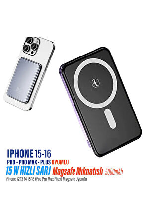 iPhone 15 16 Uyumlu 15W Hızlı Şarj Magsafe Powerbank 5000 Mah Kablosuz  Mıknatıslı