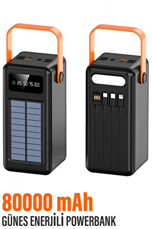 Güneş Enerjili 80.000 mAh Powerbank Hızlı Şarj Kamp Ledli Işıklı Powerbank Kendinden Kablolu Solar