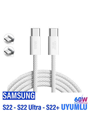 Samsung S22 - S22+ Plus - S22 Ultra Uyumlu Şarj Kablosu Type-C Type-C Kablo 60W Hızlı Şarj Kablosu