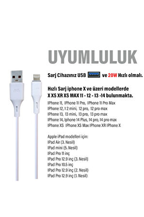 iPhone Uyumlu HIZLI Şarj Kablosu 20W 3.4A USB Apple iPhone Hızlı Şarj Kablosu