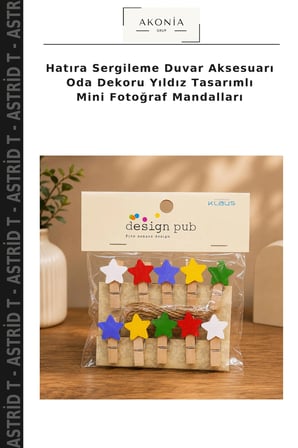 Hatıra Sergileme Duvar Aksesuarı Oda Dekoru Yıldız Tasarımlı Mini Fotoğraf Mandalları