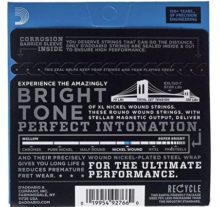 DADDARIO EXL120-7 ELEKTRO GİTAR TEL SETİ, 7 TELLİ, XL, 9-54, NICKEL