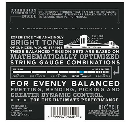 DADDARIO EXL120BT ELEKTRO GİTAR TEL SETİ, XL, 9-40, NICKEL WOUND