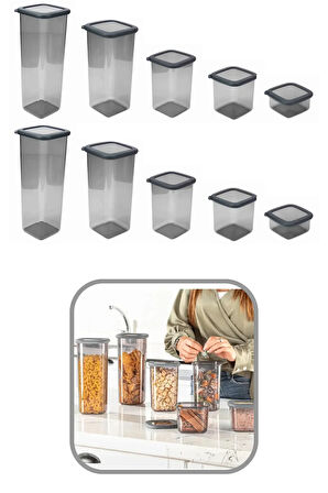 10lu Set Gri Kare Saklama Kabı Silikon Kapak Hava Geçirmez Kuru Baklagil Kahve Bakliyat Makarna Kutu