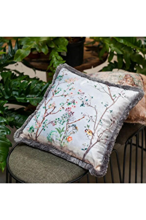 Gri Bahçe Tasarımlı Yastık/Kırlent (Dolgu Boncuk Elyaf, Uluslararası Yıkama Ve Solmama Sertifikası)