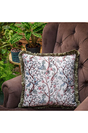 Home Renkli Küçük Çiçekler Ağaç Dalları Desenli Püsküllü Kırlent Yastık