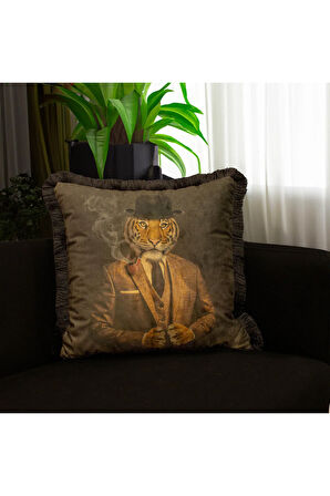 Mr. Tiger Kadife Yastık/Kırlent (Dolgu Boncuk Elyaf Uluslararası Yıkama Ve Solmama Sertifikası)