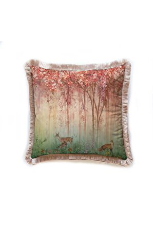 Red Mini Flowers and Gazels Yastık 45x45cm -Dolgu Boncuk Elyaf, Ulusl. Yıkama Ve Solmama Sertifikası