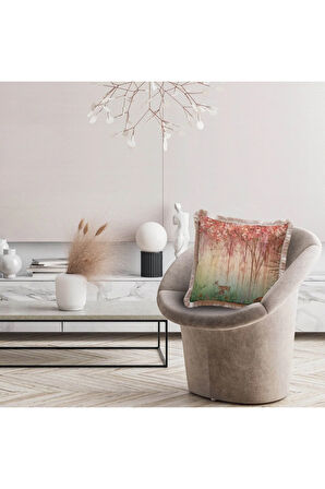 Red Mini Flowers and Gazels Yastık 45x45cm -Dolgu Boncuk Elyaf, Ulusl. Yıkama Ve Solmama Sertifikası