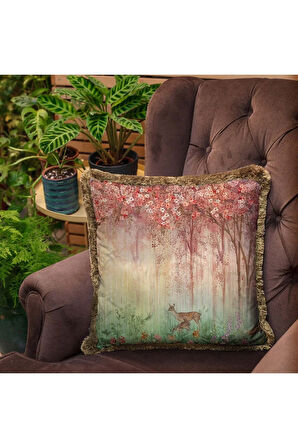 Red Mini Flowers and Gazels Yastık 45x45cm -Dolgu Boncuk Elyaf, Ulusl. Yıkama Ve Solmama Sertifikası